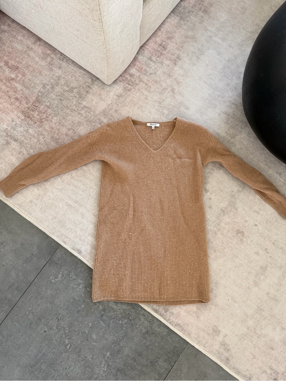 Madewell Camel Ribbed V-Neck Sweater Dress